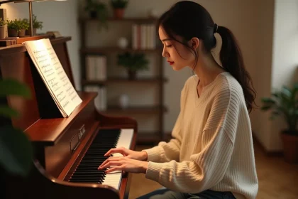Jeune femme jouant les accords de Je Te Promets au piano sur une partition manuscrite dans un salon chaleureux