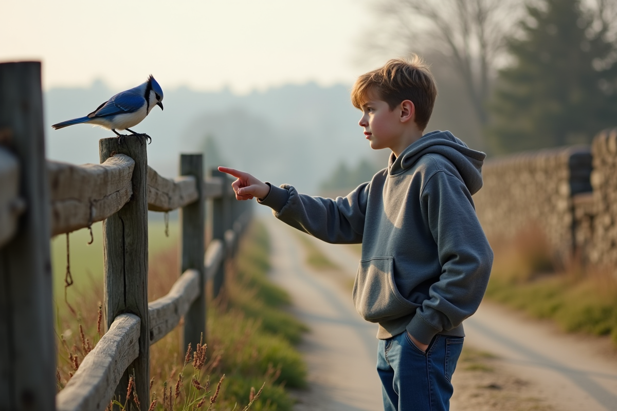 Adolescent pointant un oiseau bleu sur une clôture en campagne