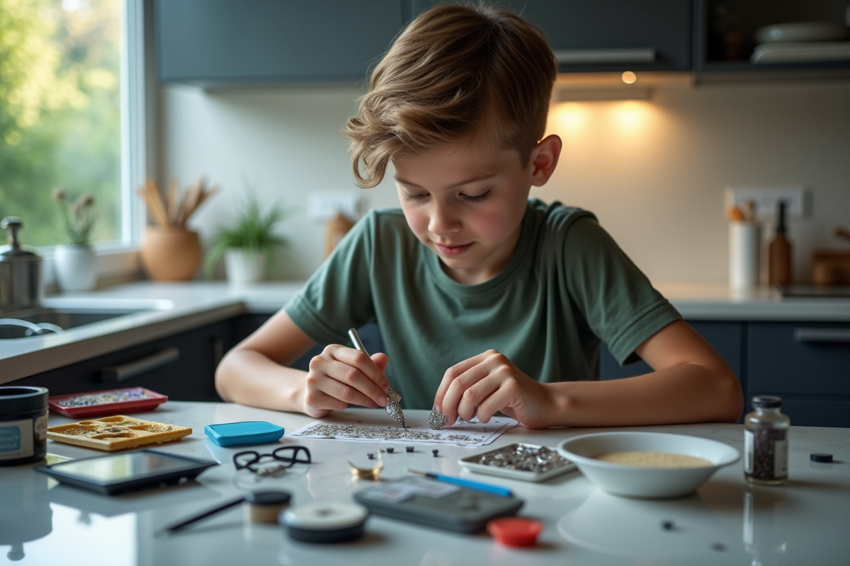 Adolescent triant outils de diamant peinture sur comptoir moderne