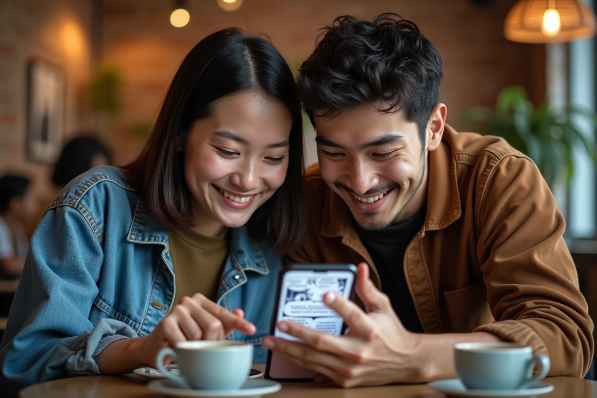 Deux amis débutants découvrant ensemble des scans manga sur smartphone via Crunchyscan fr dans un café urbain