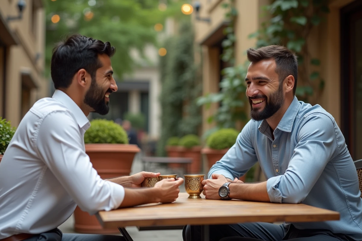 Deux amis partageant des dattes et du thé à la menthe en terrasse pour souhaiter un bon Ramadan de manière authentique