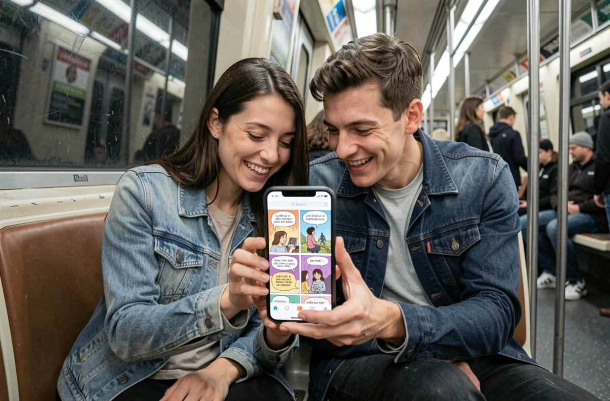 Deux amis lisant un webtoon VF ensemble sur smartphone dans le métro parisien