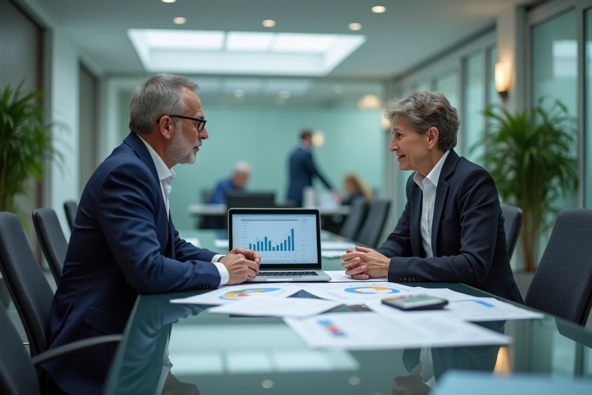 Deux analystes discutant de stratégies de paris à hautes mises autour d'un tableau de bord analytique en salle de réunion