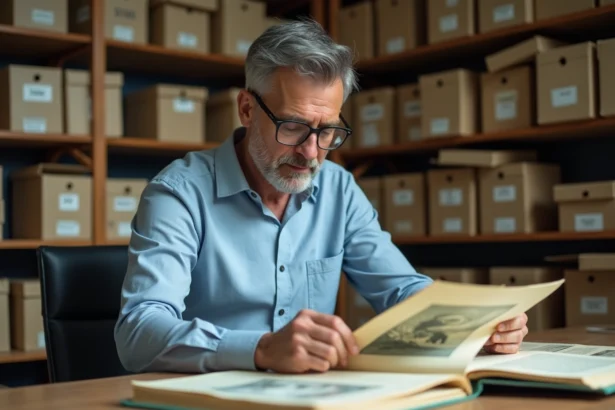Archiviste étudiant des documents sur un tsunami historique