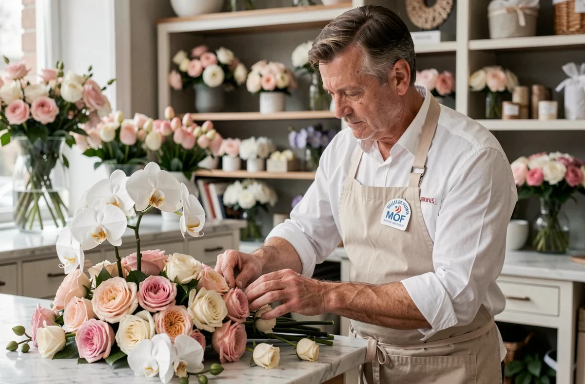 Arnaud Lechantre, fleuriste Meilleur Ouvrier de France, arrangeant une composition florale dans sa boutique à Arras