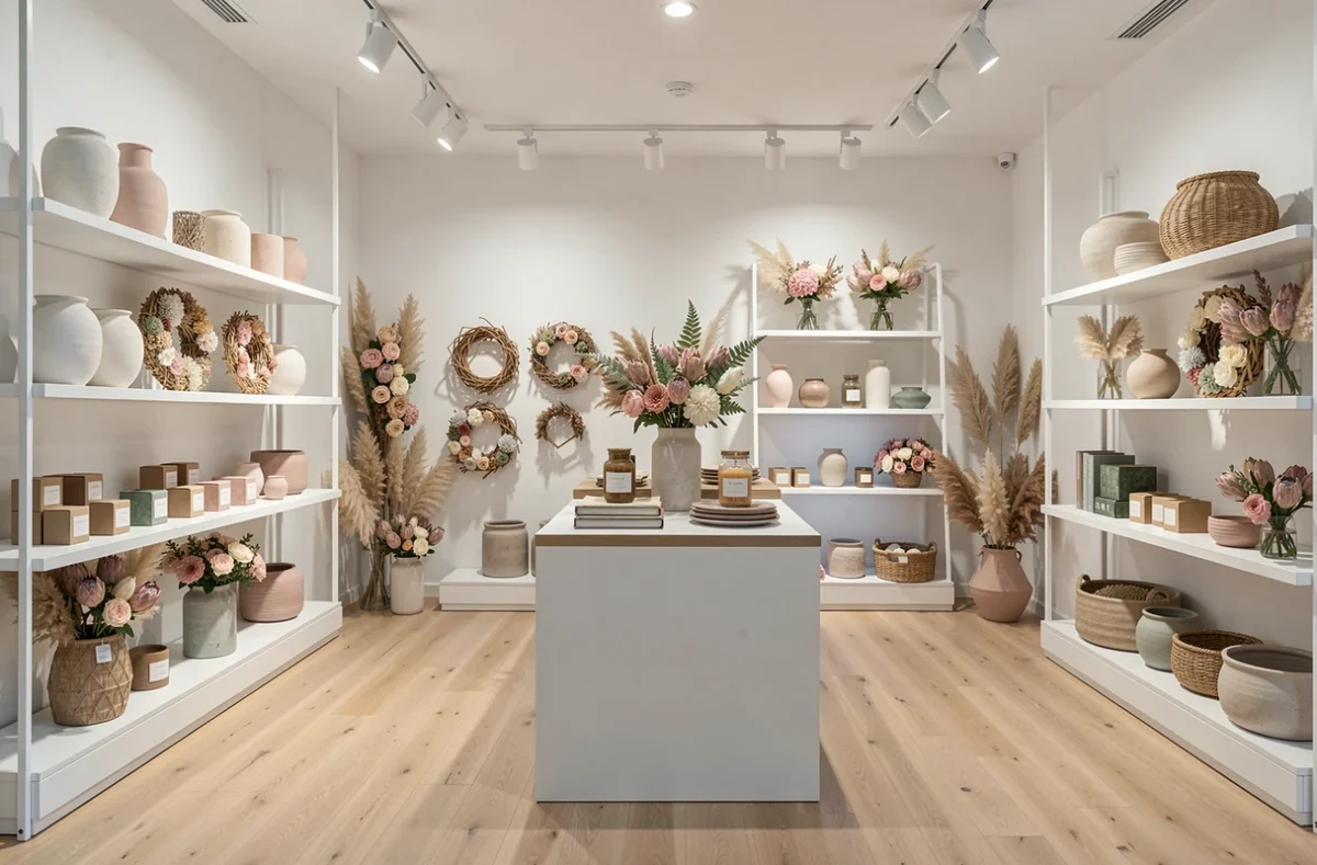 Boutique Art'Home à Arras alliant décoration intérieure et compositions de fleurs séchées dans un espace minimaliste