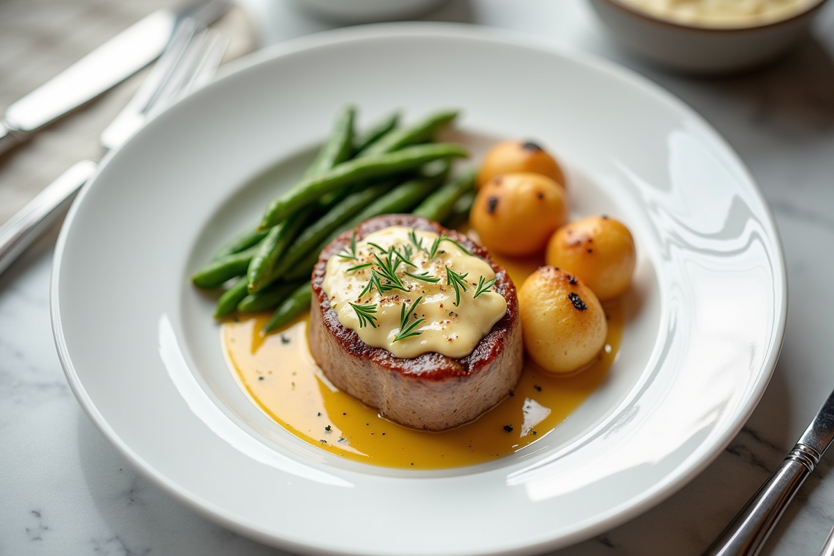 Assiette moderne avec boudin blanc et sauce moutarde