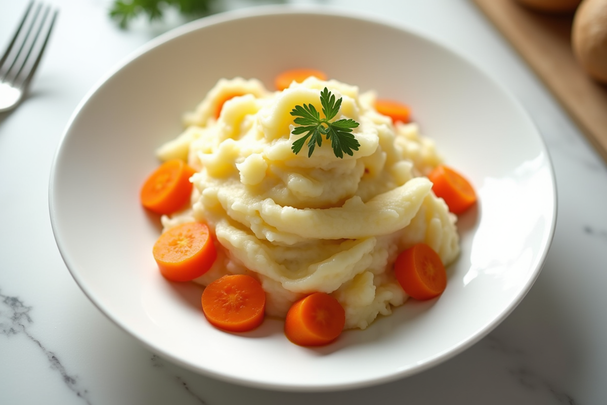 Assiette moderne de purée de carottes et pommes de terre