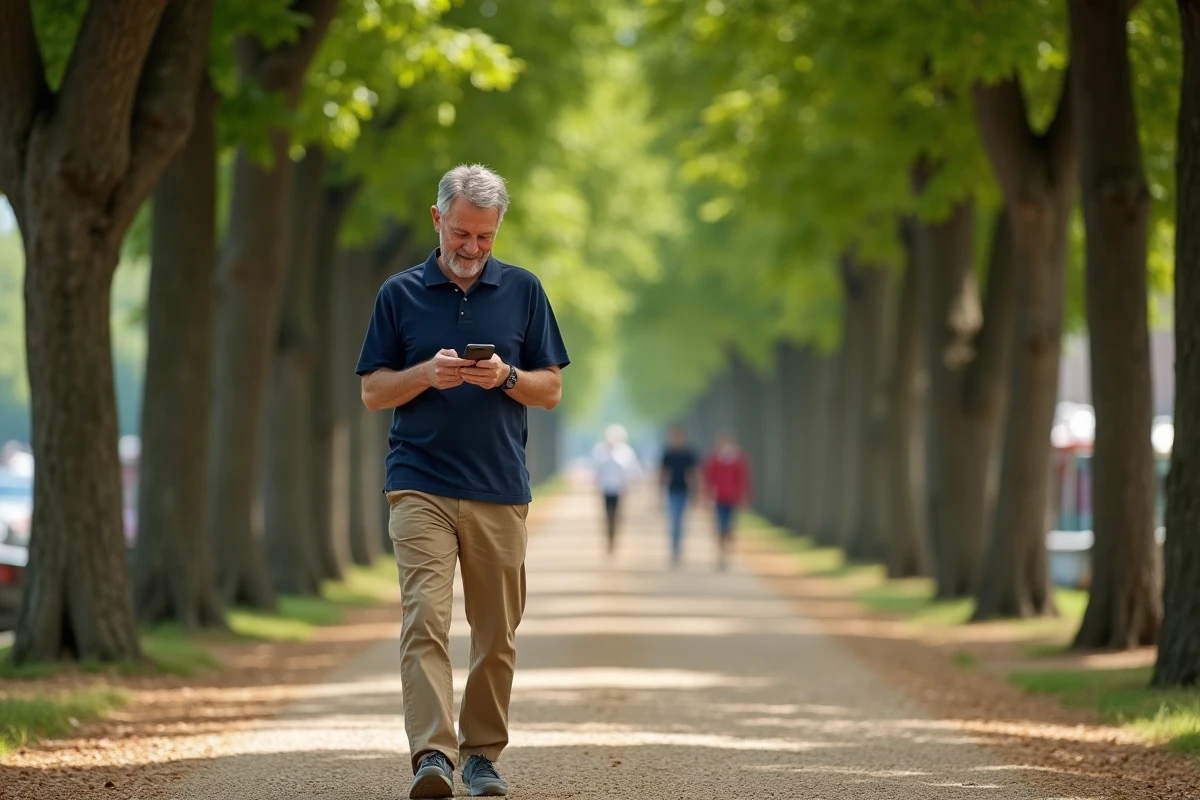 Homme se promenant sur le canal du Midi à Toulouse sous les platanes avec un itinéraire sur smartphone