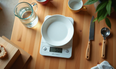 Balance de cuisine numérique sur table en bois avec ingrédients