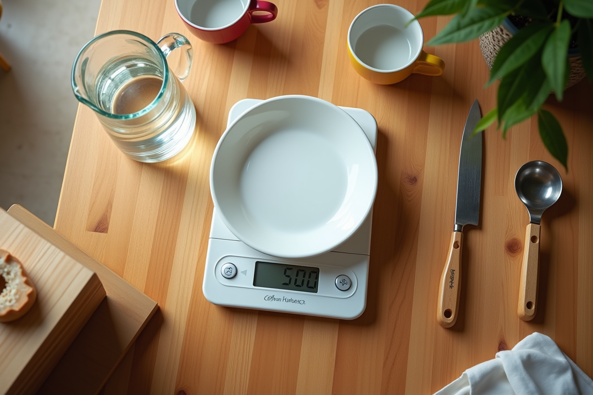 Balance de cuisine numérique sur table en bois avec ingrédients