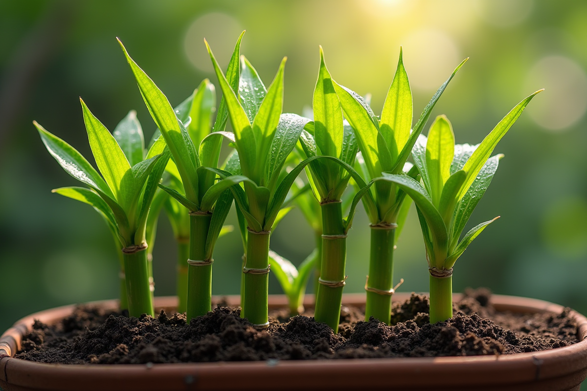 Bambous avec racines nouvelles dans un jardin en matinée