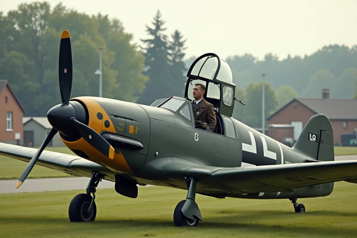 Avion Bf 109 G vintage avec pilote dans un champ