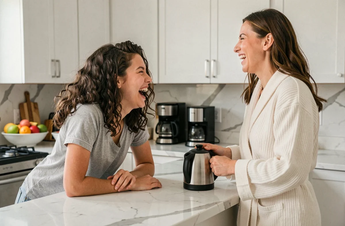 Adolescente racontant une blague à sa mère dans la cuisine le matin, toutes deux partageant un éclat de rire spontané dans une ambiance familiale quotidienne et complice