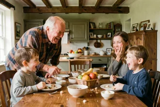 Grand-père racontant une blague à sa famille réunie autour d'une grande table en bois après le repas du dimanche, avec des rires spontanés et une atmosphère chaleureuse