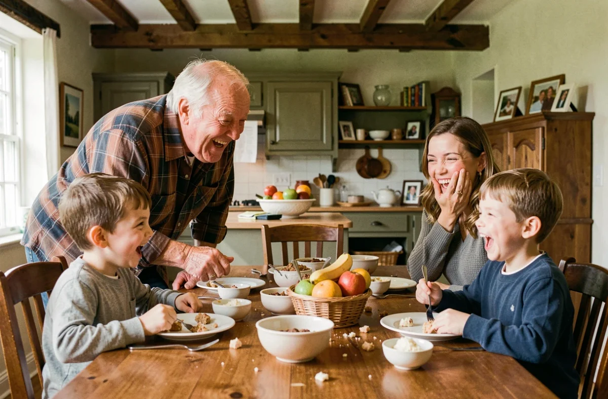 Grand-père racontant une blague à sa famille réunie autour d'une grande table en bois après le repas du dimanche, avec des rires spontanés et une atmosphère chaleureuse