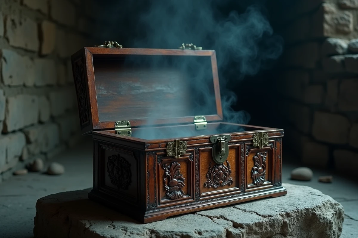 Boîte ancienne en bois sculpté entrouverte avec une fumée mystérieuse s'en échappant, symbolisant la boîte de Pandore