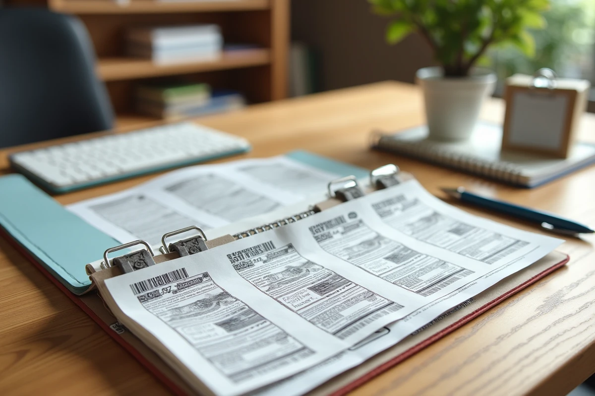 Bons de réduction imprimés triés et organisés dans des pochettes sur un bureau en bois avec un agenda