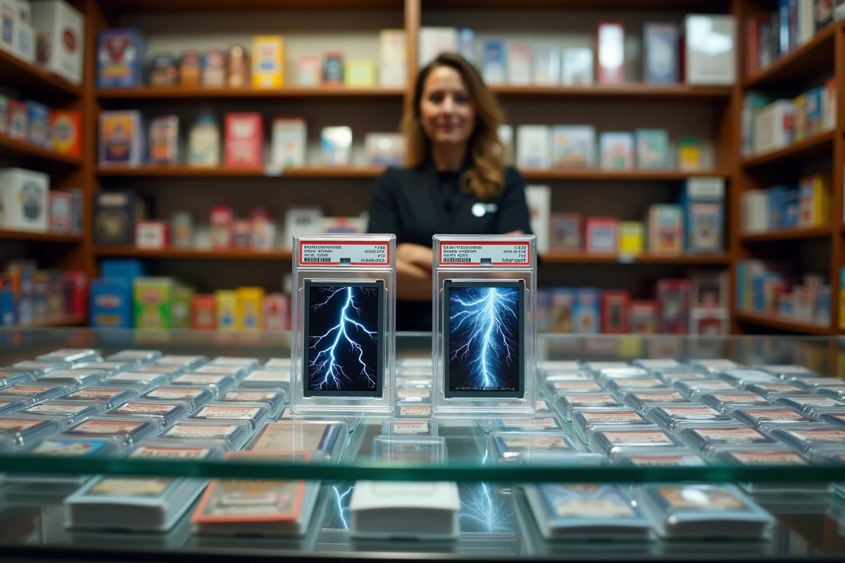 Vitrine de boutique spécialisée présentant des cartes rares Foudre Noire et Flamme Blanche classées en étui rigide