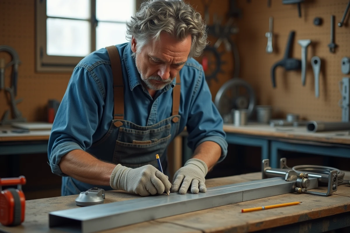 Bricoleur mesurant un tube carré en aluminium sur un établi en bois dans un atelier de bricolage