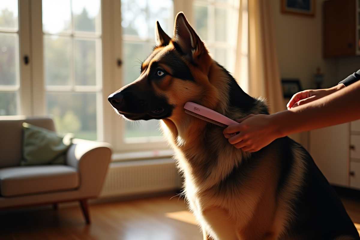 Chien husky berger being brosse dans une maison lumineuse