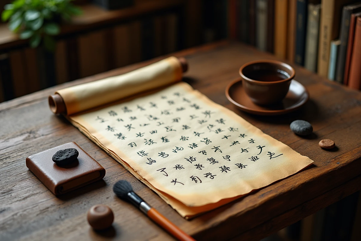 Bureau avec calligraphie chinoise, journal et encre, symbolisant la sagesse des proverbes chinois pour surmonter le burn-out