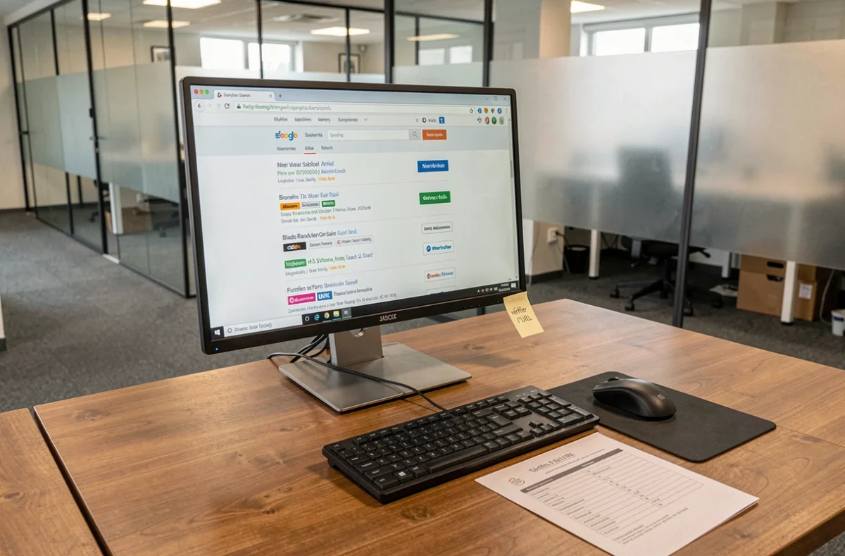 Bureau professionnel avec ordinateur affichant des résultats de recherche et note rappelant de vérifier les URL pour éviter les arnaques