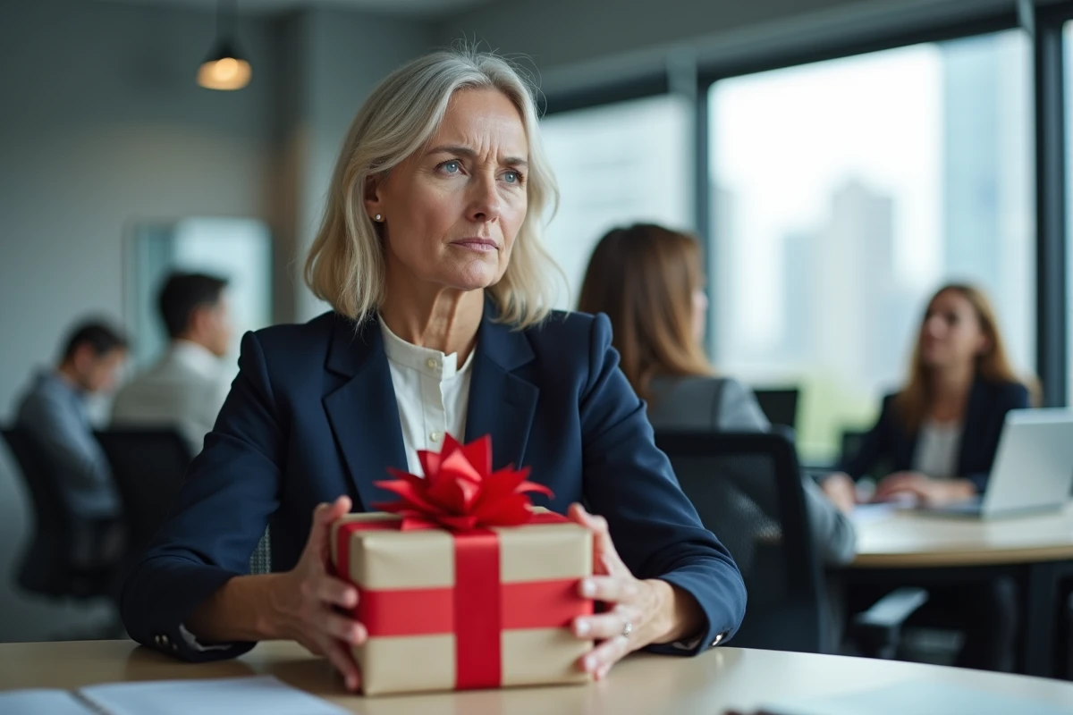 Femme hésitante tenant un cadeau empoisonné dans un bureau moderne, illustrant l'expression cadeau empoisonné au quotidien