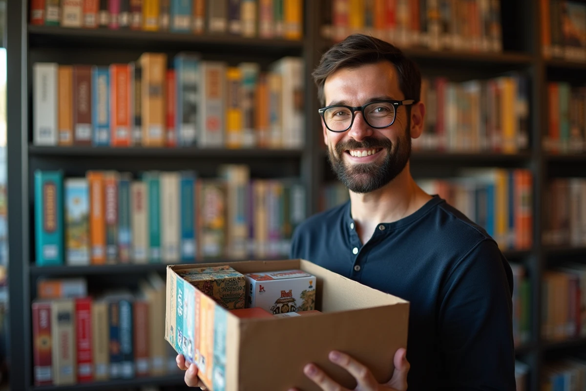 Expert jeux de société souriant devant une bibliothèque de jeux imposante tenant une boîte de jeu ouverte face à la caméra