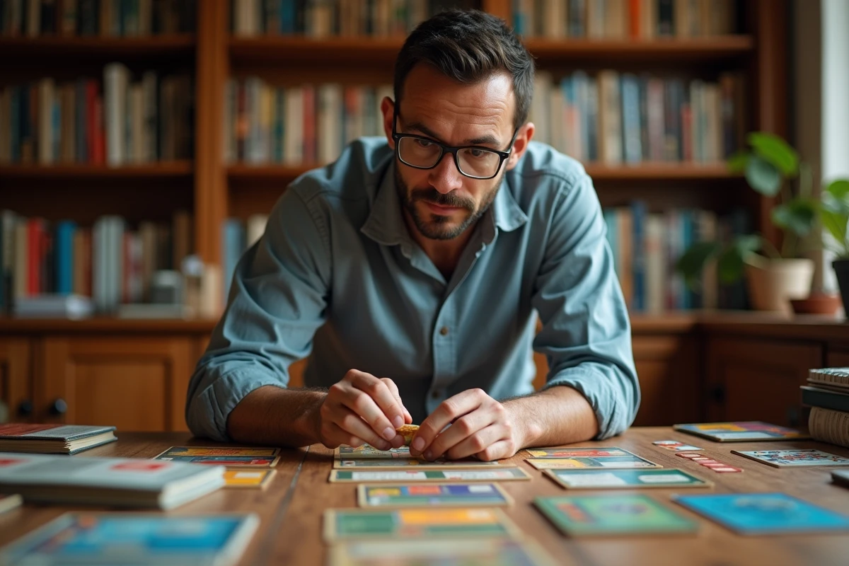 Joueur expert en jeux de société analysant des composants de jeu sur une table couverte de boîtes et de cartes colorées