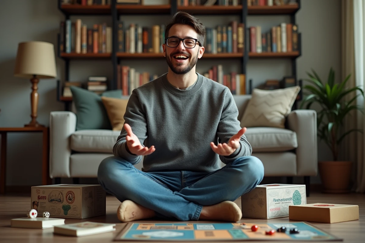 Référence ludique assis parmi ses jeux de société expliquant les règles d'un jeu entouré de boîtes ouvertes