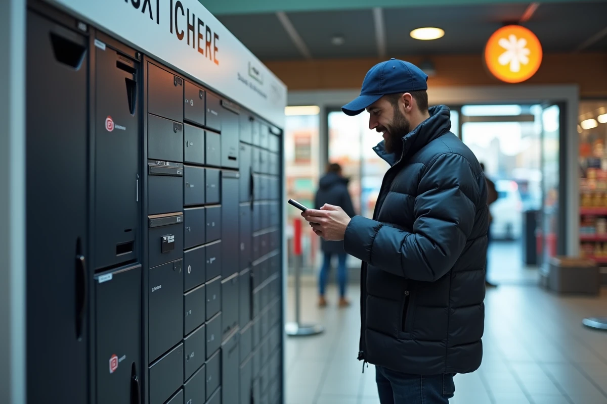 Homme déposant un colis dans un casier automatique de point relais type Vinted Go en supermarché
