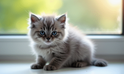 Chaton gris aux yeux bleus sur une fenêtre ensoleillée