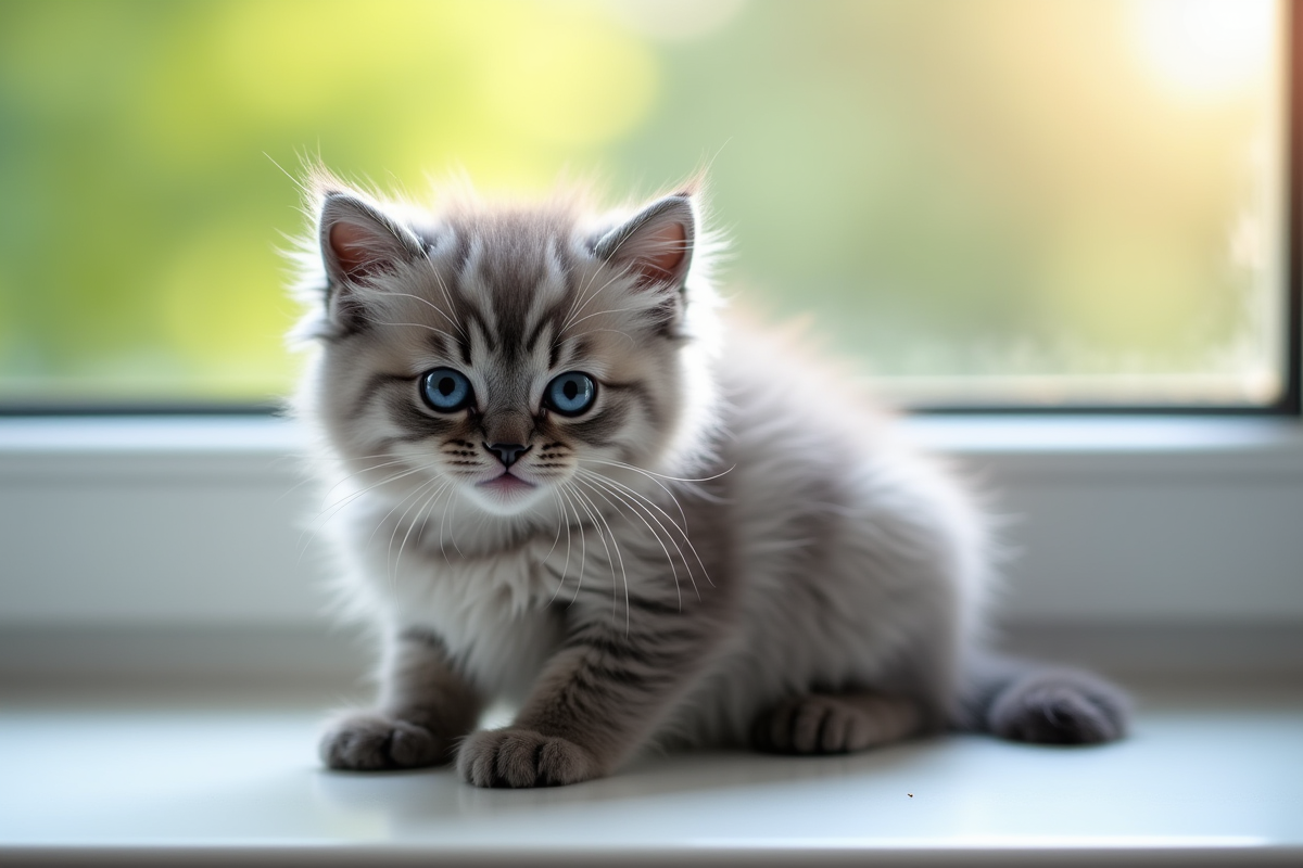Chaton gris aux yeux bleus sur une fenêtre ensoleillée