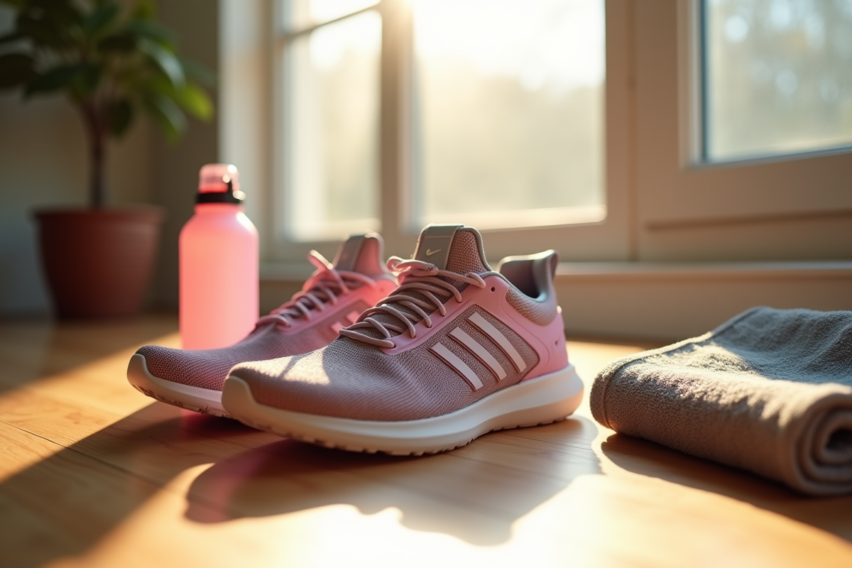 Chaussures de sport pour femmes sur sol en bois en lumière naturelle