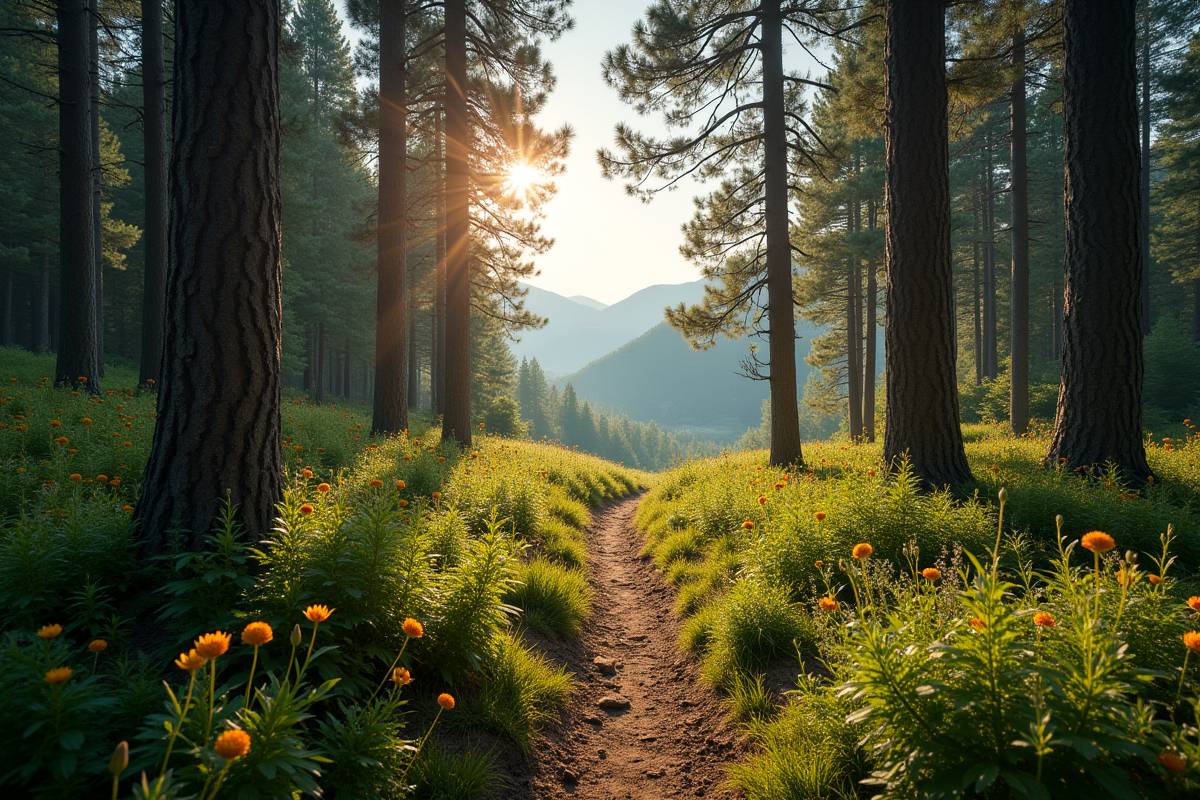 Sentier forestier secret à Grospierres avec rayons de soleil et fleurs sauvages