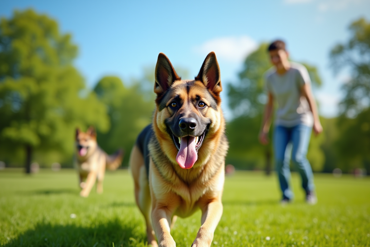 Chien berger husky jouant dans un parc ensoleille