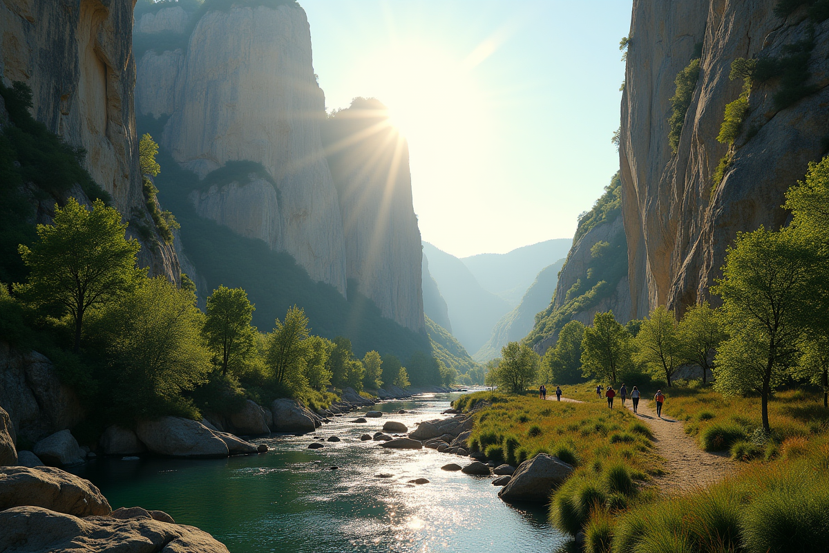 Canyon de Gens à Grospierres au coucher du soleil avec falaises calcaires