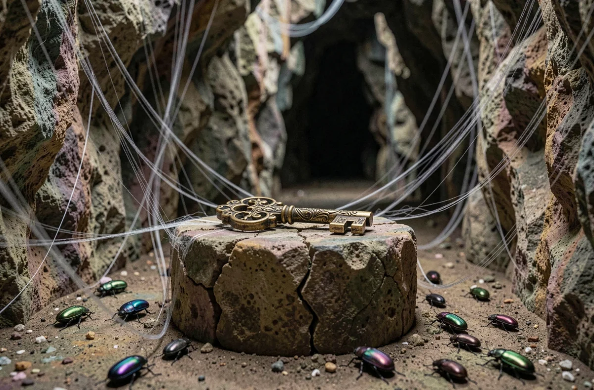 Clé ancienne gravée de motifs d'insectes posée sur un piédestal de pierre dans une grotte mystérieuse, symbolisant la Clé de l'Apostat de Silksong