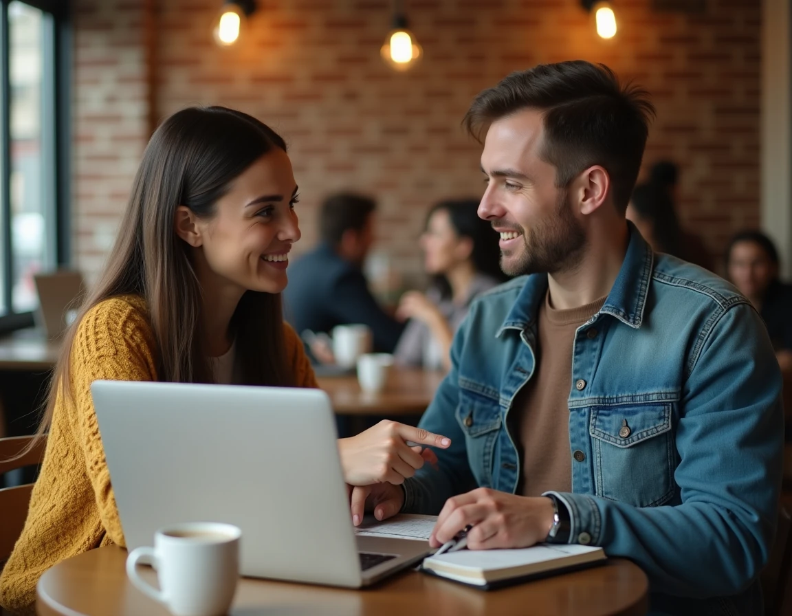 Deux personnes collaborant autour d'un ordinateur portable dans un café pour comprendre un sujet