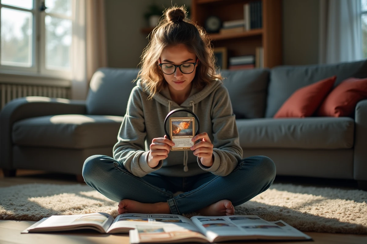Jeune femme examinant une carte rare Flamme Blanche à la loupe au milieu de sa collection de cartes