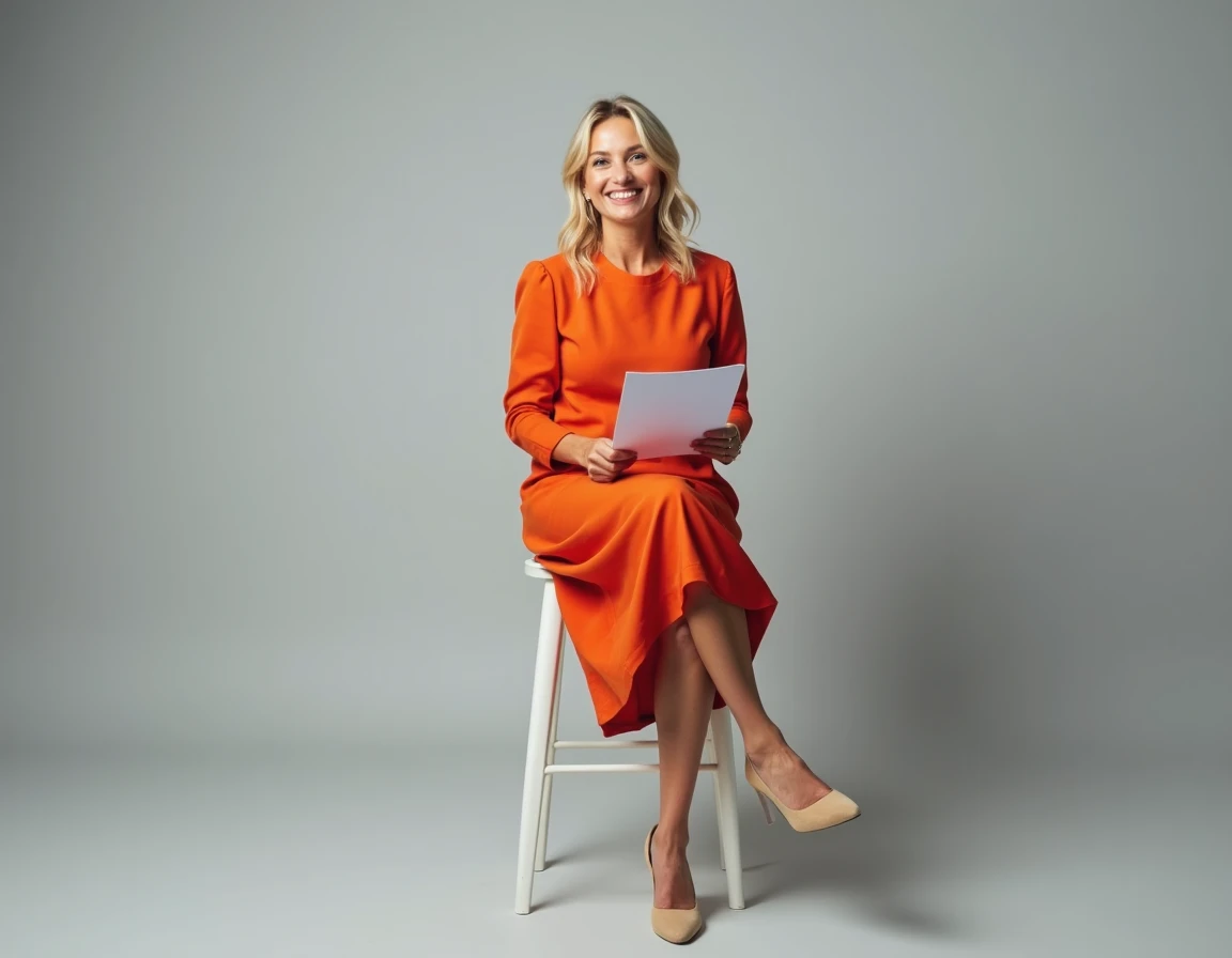 Comédienne blonde française en studio avec nouvelle tenue élégante et expression espiègle