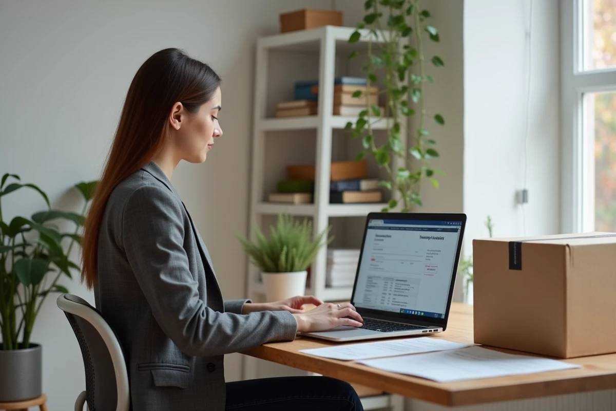 Femme comparant des offres de devis express pour l'envoi de gros colis depuis un bureau à domicile