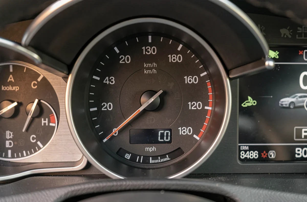 Tableau de bord d'une voiture moderne affichant un compteur de vitesse avec les deux unités km/h et mph