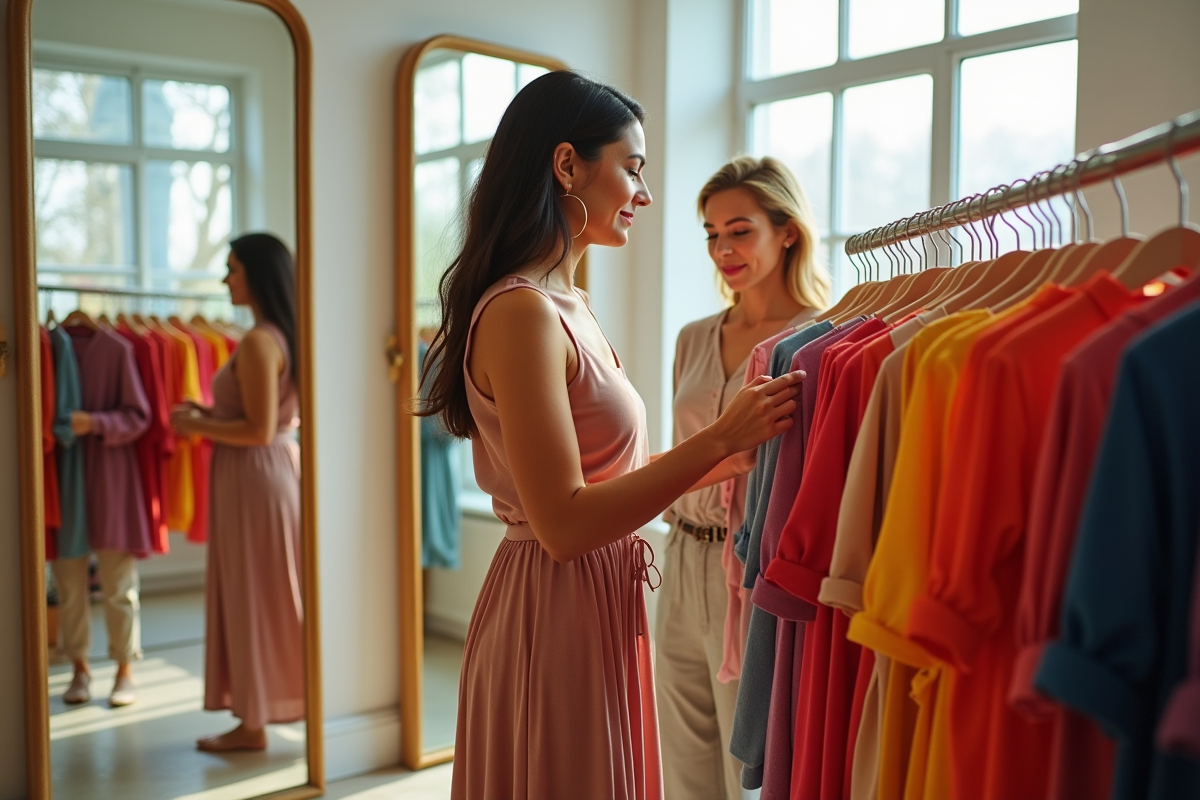 Consultante de mode aidant à choisir des vêtements colorés