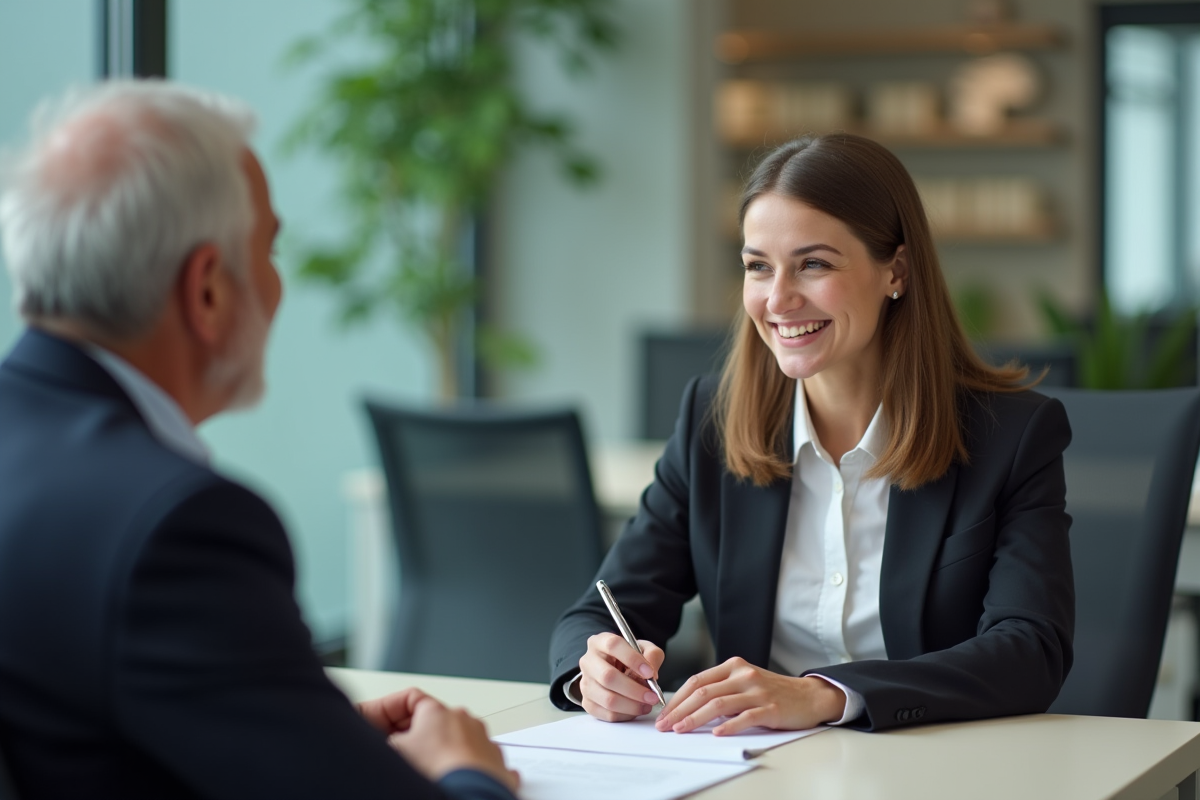 Conseillère bancaire souriante discutant de prêt immobilier avec un client
