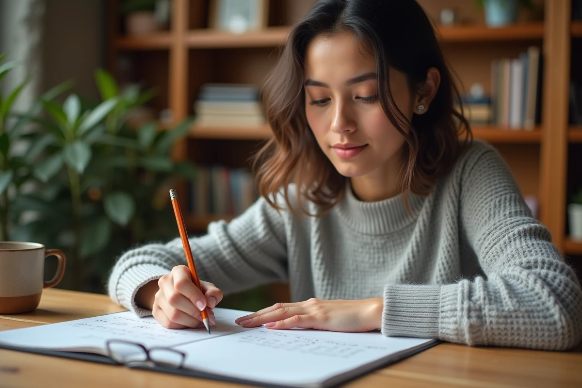 Jeune femme calculant une conversion de degrés en pourcentage sur du papier millimétré à son bureau