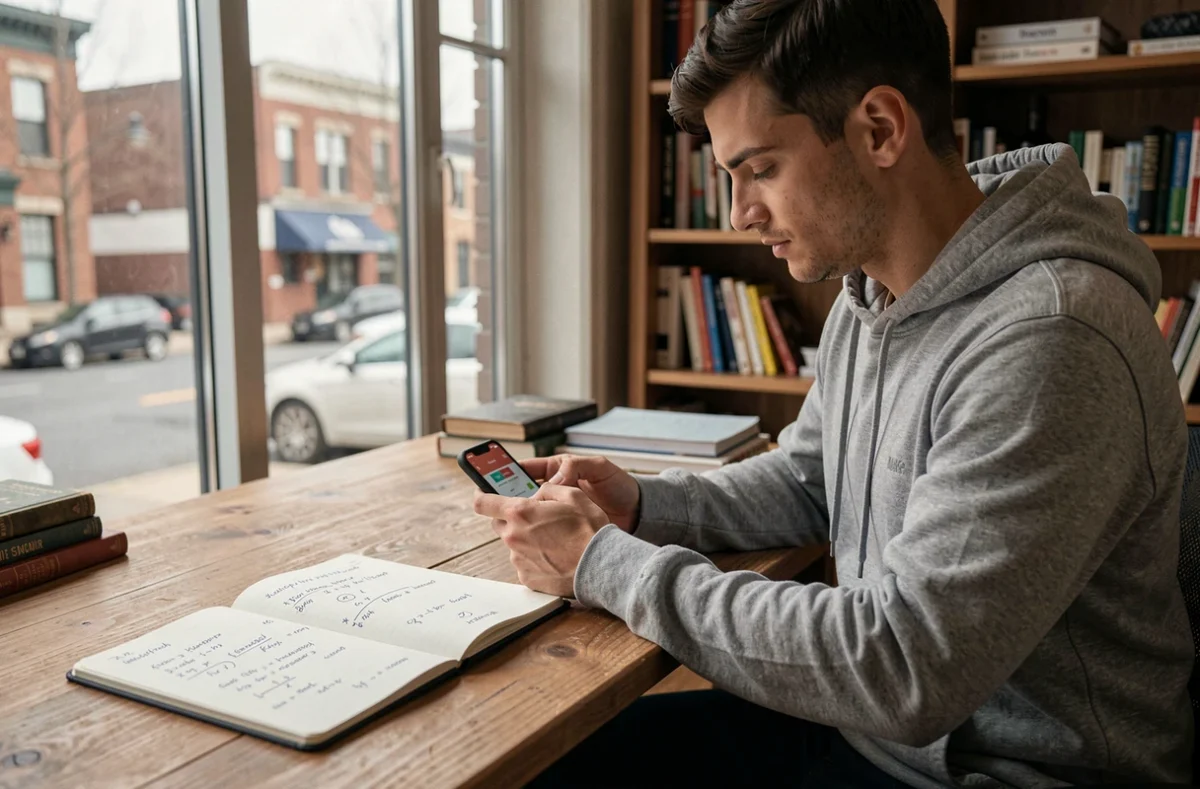 Homme consultant une application de conversion de vitesse km/h en mph sur smartphone avec des notes manuscrites sur un bureau