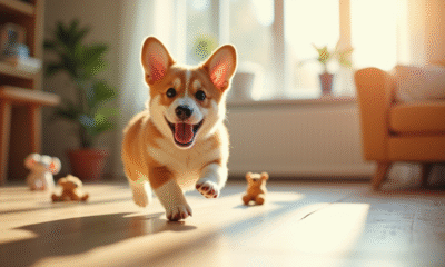 Chiot corgi joueur dans un salon ensoleille