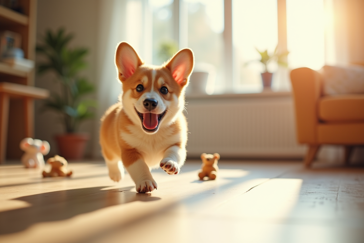 Chiot corgi joueur dans un salon ensoleille